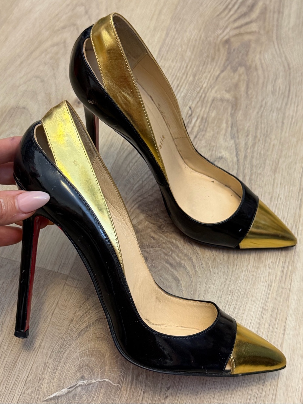 Christian Louboutin Black Patent Leather Cutout Gold Accent Pumps